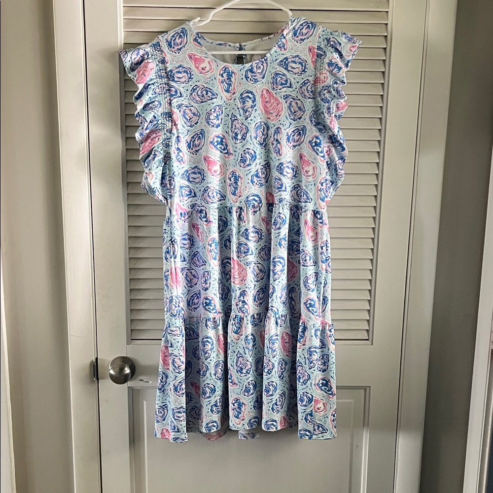 Simply Southern Ruffled Sleeve Short Dress in Blue & Pink Oyster Print
